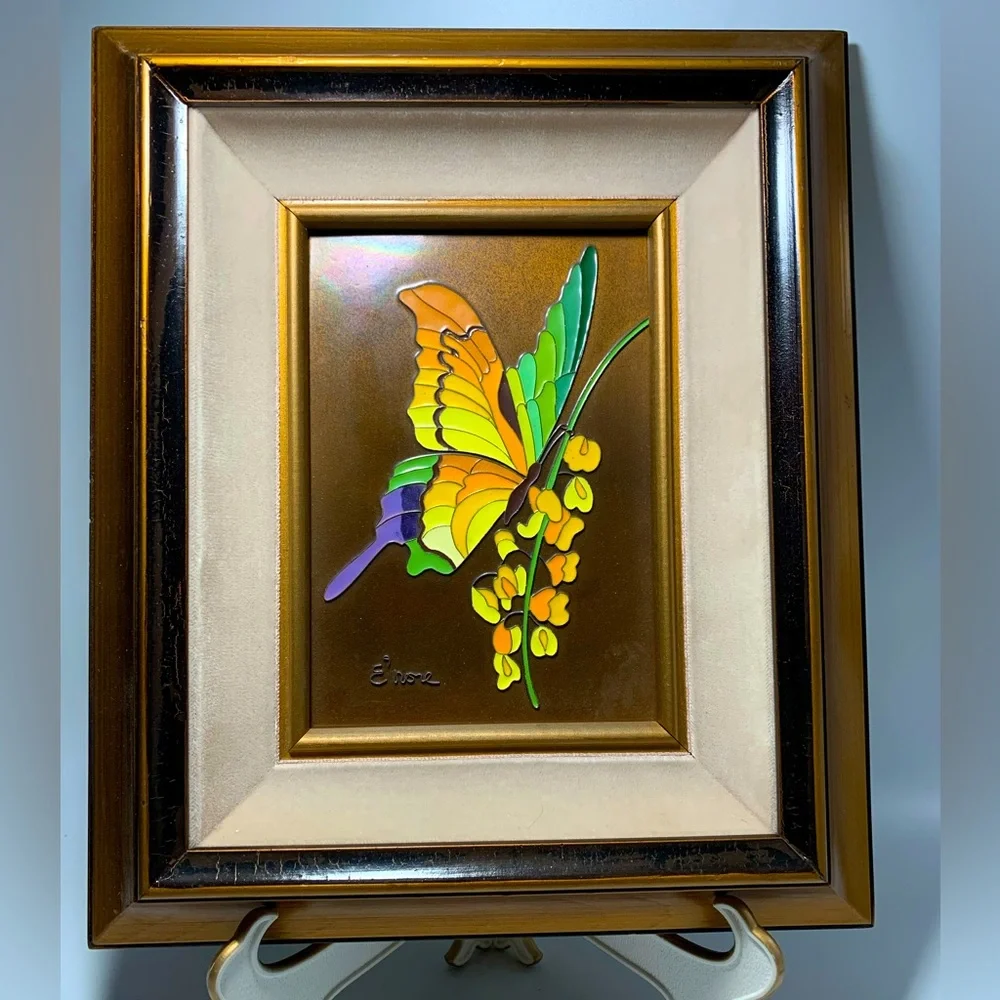 E'nore Set of 2 Oil Enamel Cloisonné on Copper Framed Eleanore Forrestal Lot MCM - Picture 2 of 10